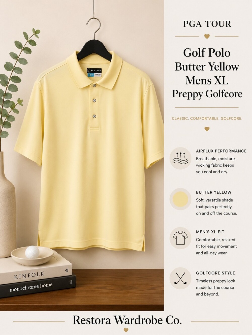 PGA TOUR Golf Polo Butter Yellow Mens XL Preppy Golfcore